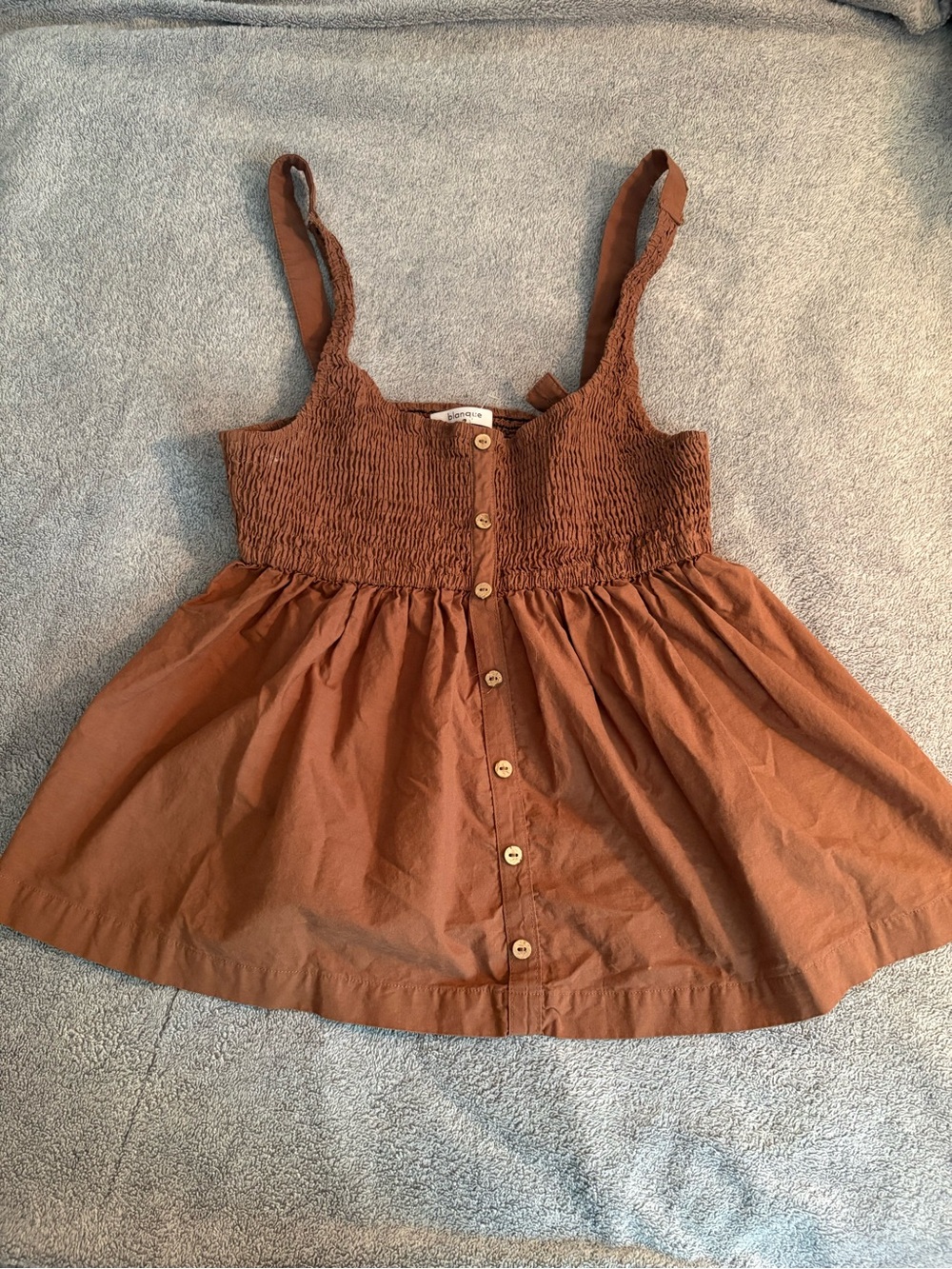Blanque Brown Smocked Peplum Cami Large 100% Cotton Buttons Feminine